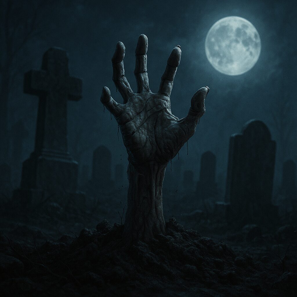 A creepy skeletal hand emerges from the soil of a dark graveyard at night, reaching upward toward a glowing full moon. The scene is surrounded by old tombstones and eerie shadows, creating a chilling and ominous atmosphere.