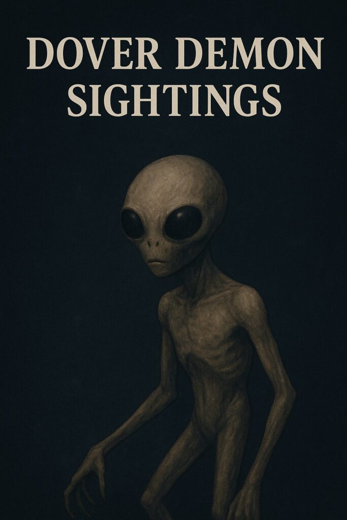 A digital illustration depicts the Dover Demon, a thin humanoid figure with pale, hairless skin, an oversized head, and large black eyes, standing against a dark, eerie background. The words "DOVER DEMON SIGHTINGS" appear above in bold, serif font.