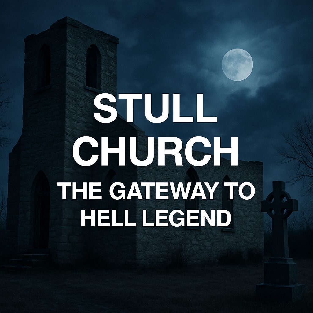 Haunted ruins of Stull Church at night with eerie lighting and white bold Arial text reading "STULL CHURCH – THE GATEWAY TO HELL LEGEND" across the scene.