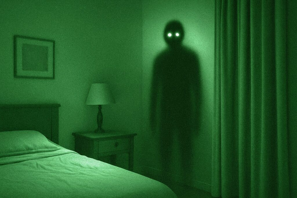 Night vision image of a dimly lit bedroom showing a shadowy humanoid figure with glowing eyes standing near a curtain. The eerie figure appears solid black against the green-tinted room, creating a chilling paranormal atmosphere. A bed, nightstand, and lamp are visible in the foreground.