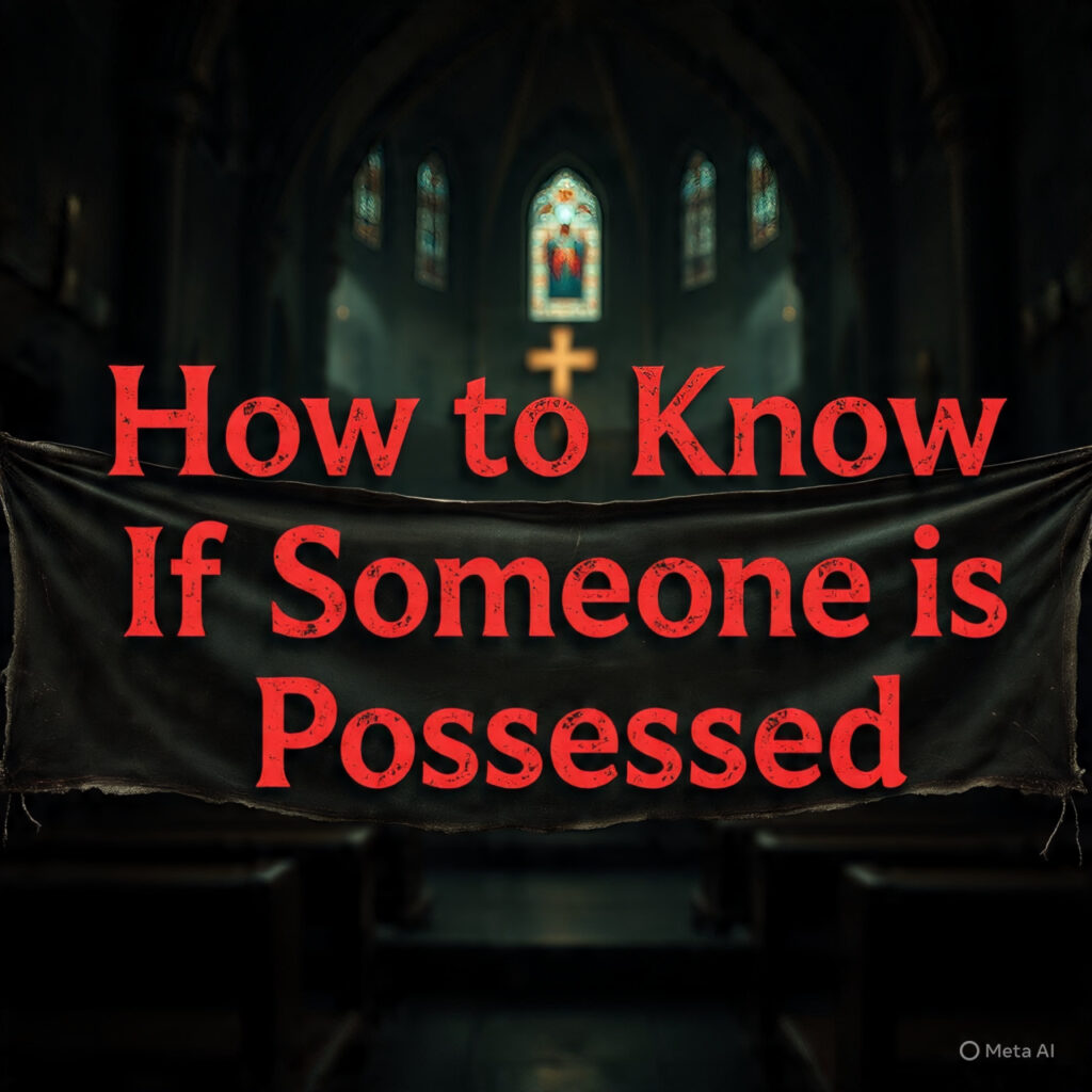 A dark church interior with stained glass windows and a glowing cross in the background. In the foreground, a tattered black banner displays the text “How to Know If Someone is Possessed” in large red serif font.