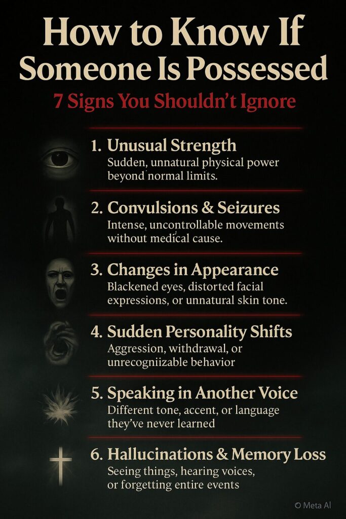 An infographic titled “How to Know If Someone Is Possessed” with the subtitle “7 Signs You Shouldn’t Ignore” in red text. The vertical design lists six numbered signs, each paired with a small eerie icon: unusual strength, convulsions and seizures, changes in appearance, sudden personality shifts, speaking in another voice, and hallucinations and memory loss. The background is dark with subtle mist, giving a chilling and mysterious atmosphere.