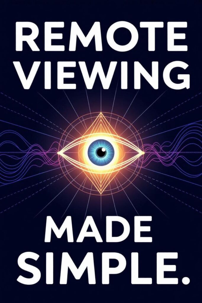 A stylized graphic featuring a glowing, all-seeing eye within geometric shapes and radiating energy waves, set against a dark background. Bold white text reads: “Remote Viewing Made Simple.”