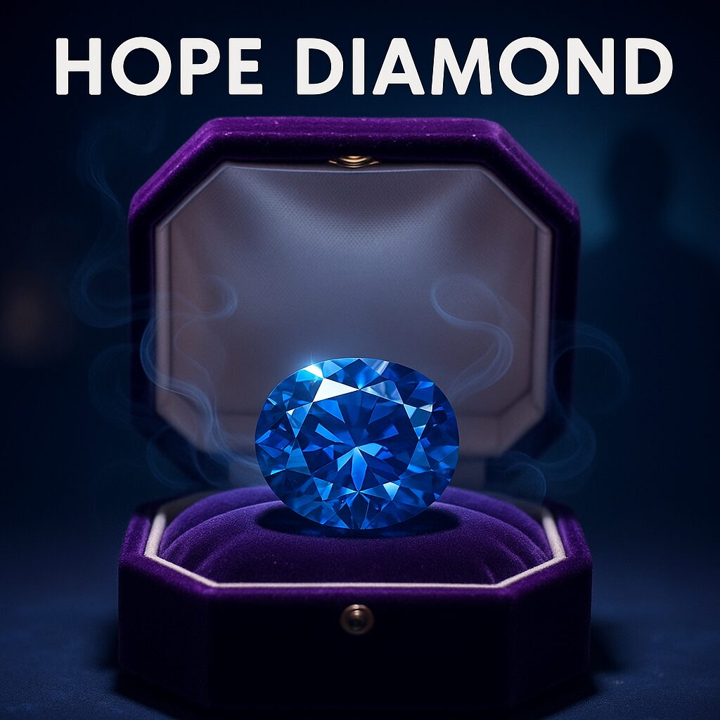 A glowing deep-blue diamond sits inside a luxurious velvet case, surrounded by faint swirling mist. Soft museum lighting reflects off the gem, creating an eerie glow. In the background, a shadowy human silhouette is faintly visible. Bold white Arial text at the top center reads “Hope Diamond.” The overall atmosphere is regal and mysterious.