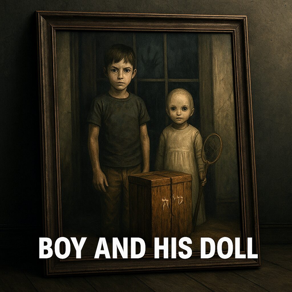 A framed painting titled "Boy and His Doll" leans against a dark wall in a dimly lit room. Inside the artwork, a young boy and a lifelike doll stand in front of a large glass door. The boy stares forward with a blank expression while the doll holds a paddle, her eyes eerily wide. Subtle shadows and a haunted atmosphere give the painting a lifelike, paranormal feel. Bold white Arial text reads “BOY AND HIS DOLL.”