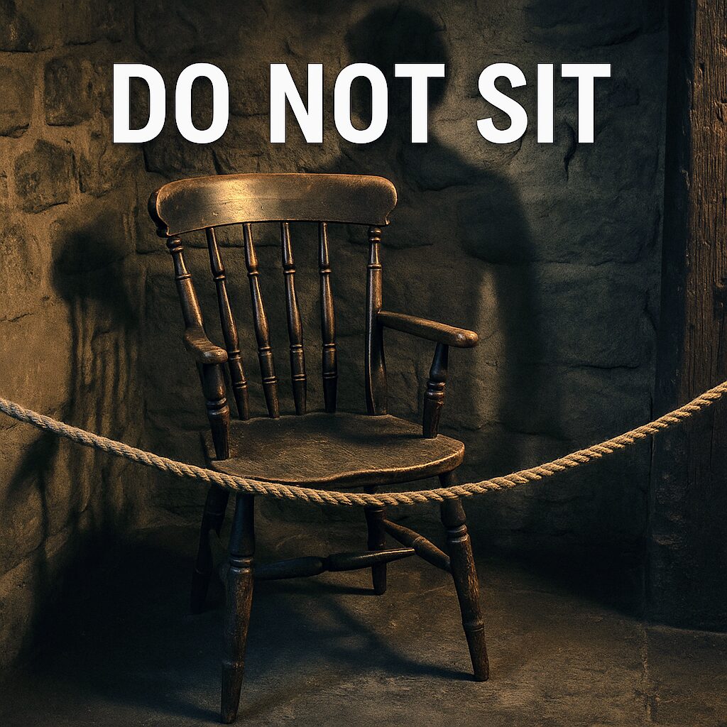 An old wooden chair with worn, cracked legs sits roped off in the corner of a dimly lit stone-walled pub. A shadowy figure looms on the wall behind it, creating an eerie and haunted atmosphere. Bold white Arial text at the top reads “DO NOT SIT.”