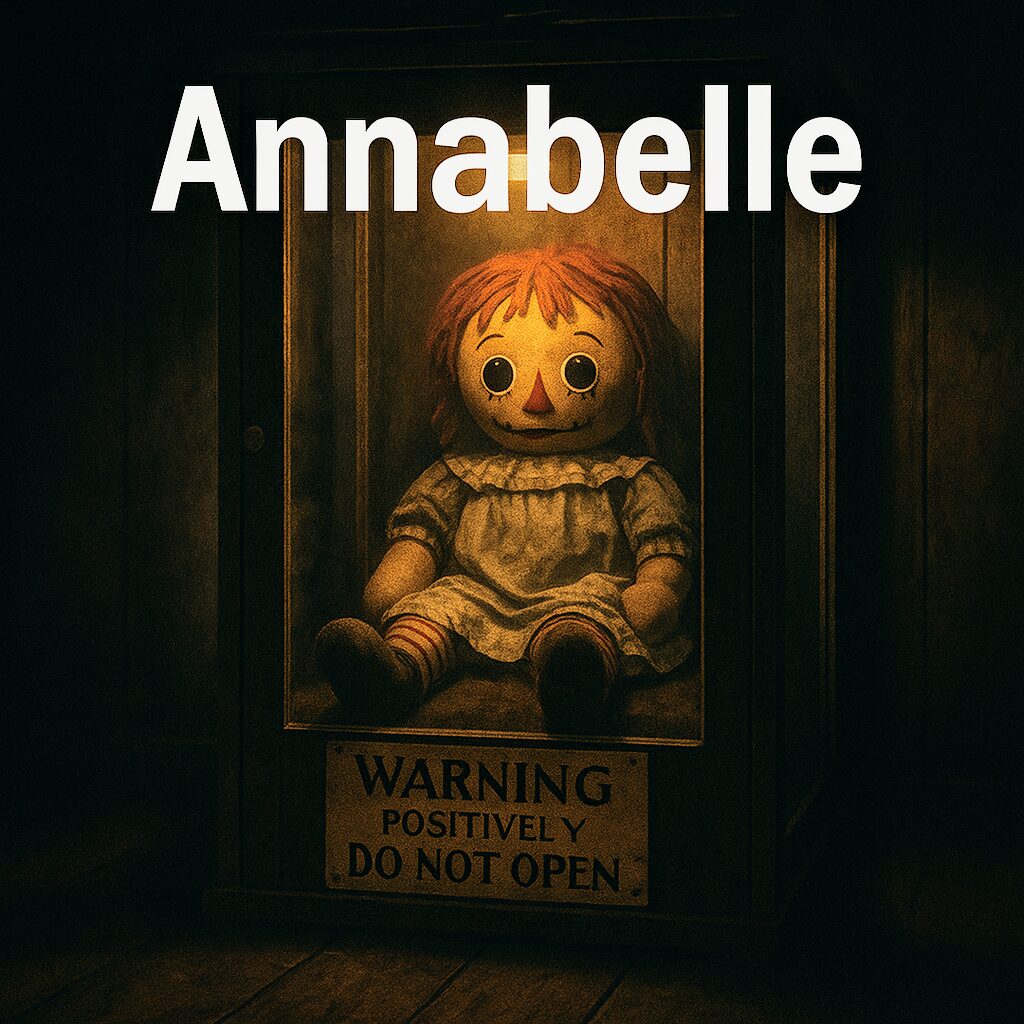 A Raggedy Ann-style doll named Annabelle sits inside a locked wooden and glass case, dimly lit from above. A warning sign on the case reads “WARNING: Positively Do Not Open.” The scene has a dark, haunted atmosphere. Bold white Arial text at the top says “Annabelle.”