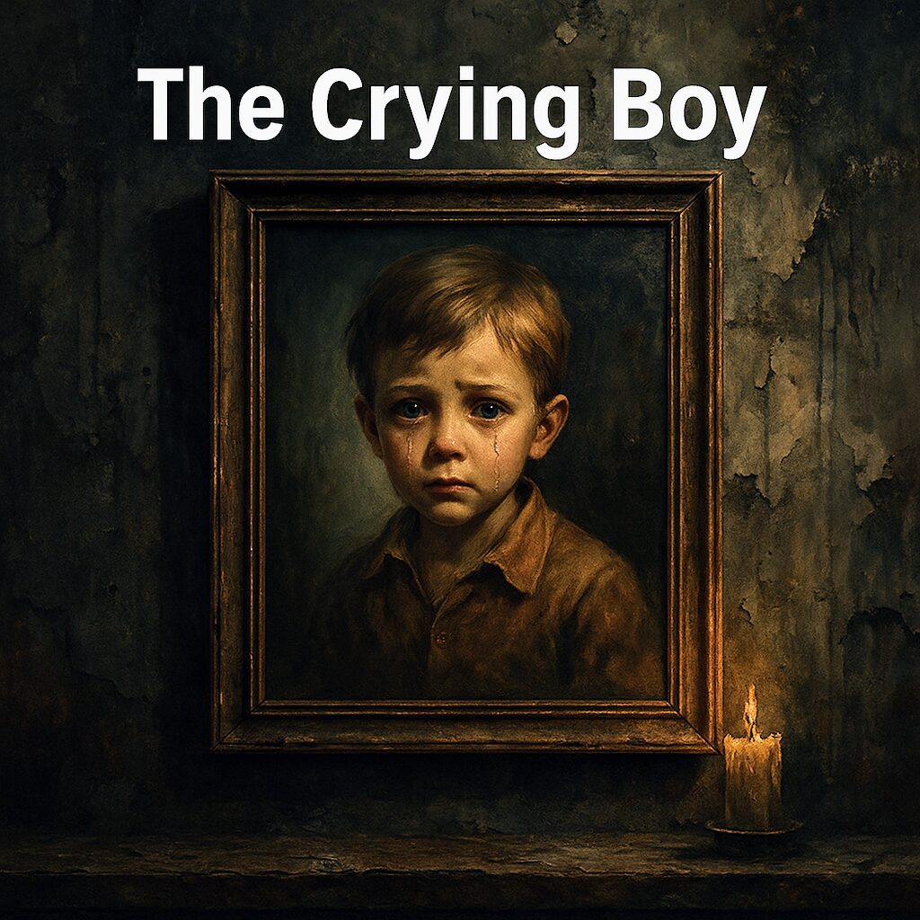 A haunting painting of a young boy with teary eyes, known as "The Crying Boy," hangs on a cracked, weathered wall. A single candle burns faintly below the frame, casting eerie shadows. The title “The Crying Boy” appears in bold white text at the top.