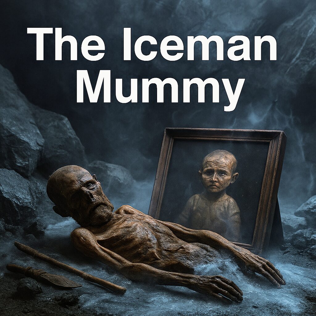 A frozen, well-preserved mummy lies in a misty, rocky alpine cave. Beside the body, ancient tools and a framed portrait of a boy with similar features rest in the ice. Bold white text at the top reads “The Iceman Mummy.”