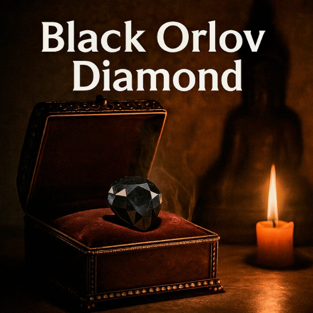 A large black diamond, known as the Black Orlov Diamond, rests on a red velvet cushion inside an ornate jeweled box. The scene is lit by a flickering candle, casting warm shadows, with the faint silhouette of a temple idol in the background. Bold white text at the top reads “Black Orlov Diamond.”