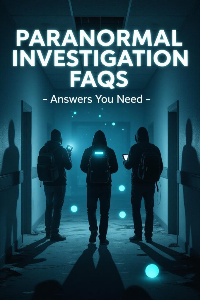 Three paranormal investigators walk down a dimly lit hallway with cracked floors and glowing blue orbs scattered throughout the scene. Each wears a hoodie and backpack while holding electronic devices. The atmosphere is mysterious and investigative. Bold white text at the top reads: “Paranormal Investigation FAQs – Answers You Need.” The setting feels eerie but professional.