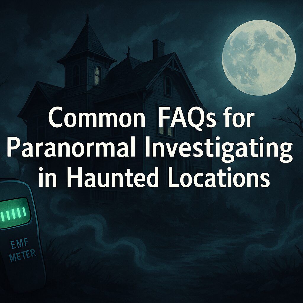 Digital illustration of a haunted Victorian mansion at night under a full moon with eerie clouds. A glowing EMF meter is visible in the foreground, and faint ghostly mist rolls across the dark yard. White bold text in the center reads: “Common FAQs for Paranormal Investigating in Haunted Locations.” The scene is spooky, mysterious, and atmospheric.