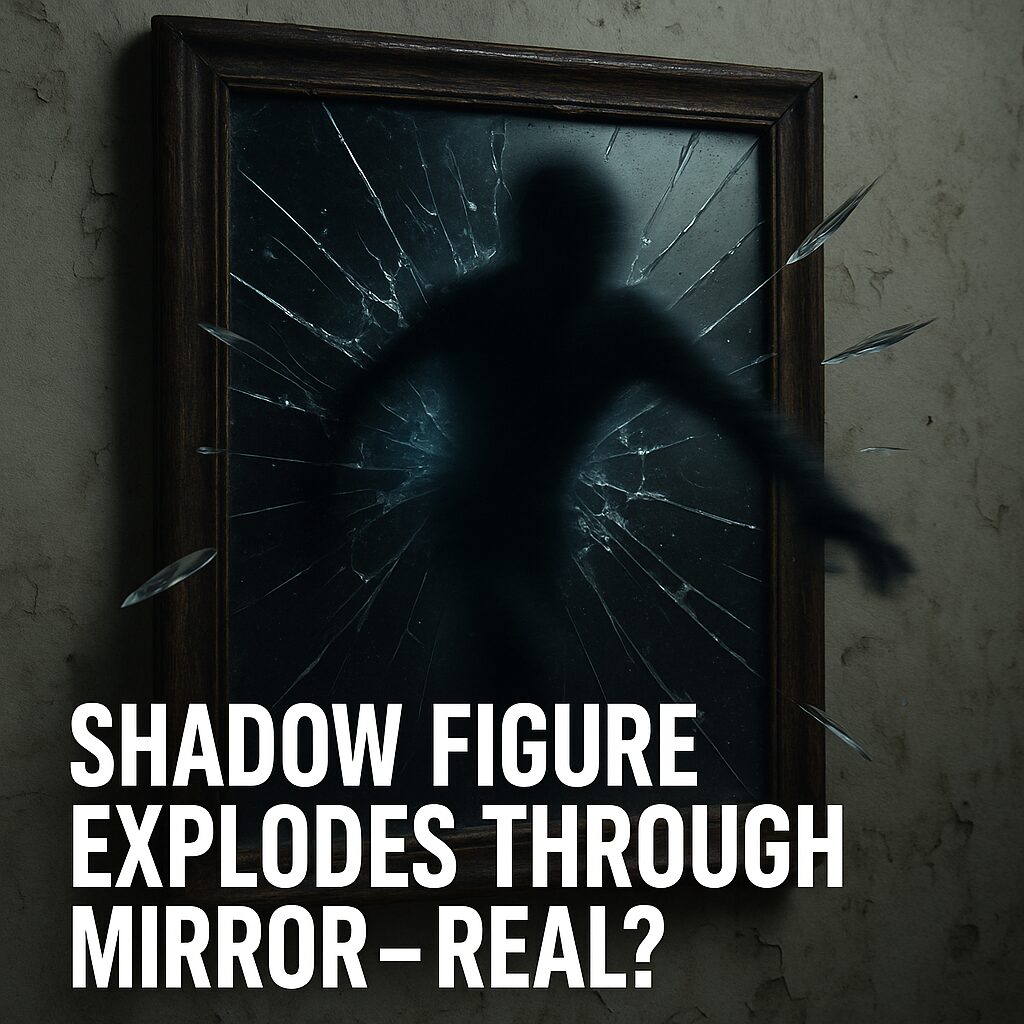 A close-up scene of a cracked antique mirror on a peeling wall, with a dark, shadowy figure bursting through the glass. Jagged shards fly outward in dramatic fashion, and the figure’s motion is blurred to suggest speed. The mirror has an aged wooden frame, and eerie blue light glows faintly around the shattered center. Bold white text at the bottom reads, “Shadow Figure Explodes Through Mirror – Real?"