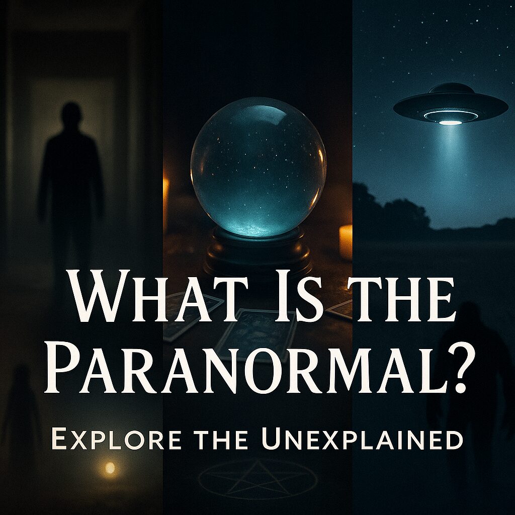 300x250 banner image split into three scenes: the left shows a dark hallway with a shadowy figure illuminated by flickering light, the right displays a starry night sky with a glowing UFO above an open field, and the center features a glowing crystal ball surrounded by tarot cards and candles. Bold white text across the middle reads “What Is the Paranormal? Explore the Unexplained.”