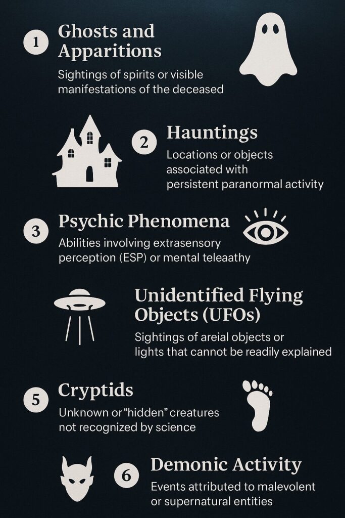 Infographic listing six types of paranormal phenomena with icons and descriptions. Categories include ghosts and apparitions, hauntings, psychic phenomena, unidentified flying objects (UFOs), cryptids, and demonic activity. Each section includes a simple icon and brief explanation against a dark background.
