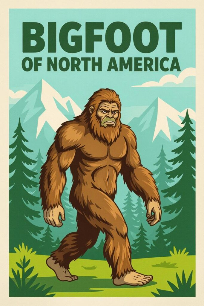 Cartoon-style illustration of a North American Bigfoot walking through a conifer forest with snowy mountains in the background. The Bigfoot figure has muscular arms, large bare feet, and thick reddish-brown fur. The background includes green pine trees and a blue sky with stylized clouds. Bold green text at the top reads “BIGFOOT OF NORTH AMERICA.”
