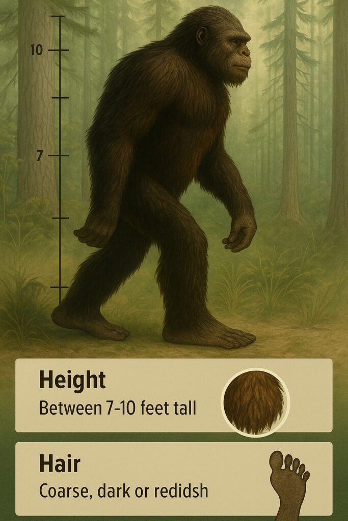 A long vertical infographic titled "Physical Characteristics of Bigfoot in North America?" showing a detailed breakdown of Bigfoot traits. Sections include height, hair color and texture, foot size, gait, arm length, posture, and vocalizations. Visual icons such as footprints, fur samples, and silhouettes accompany each section. The background features forest imagery and muted earthy tones, creating a natural, informative look