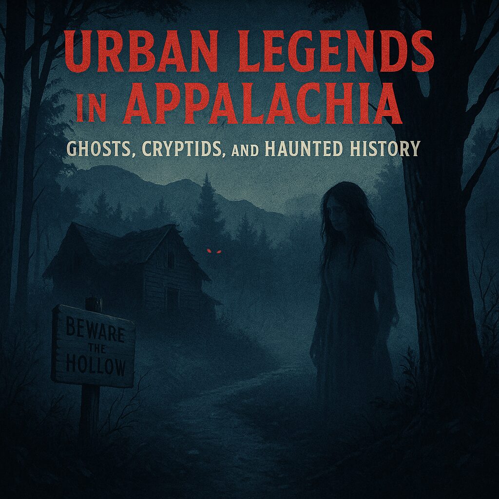 Dark Appalachian forest scene with a ghostly woman standing near a tree, a warning sign that reads “Beware the Hollow,” and glowing red eyes peering from behind an abandoned cabin. Text overlay says: “Urban Legends in Appalachia – Ghosts, Cryptids, and Haunted History.”