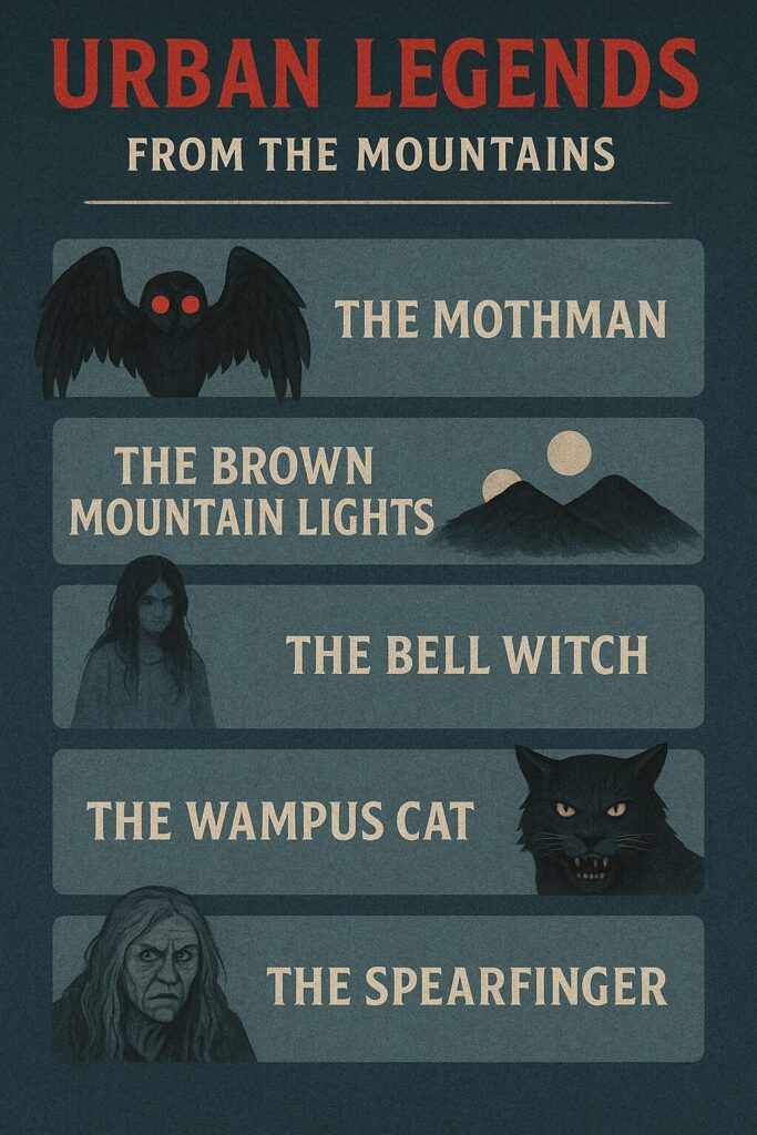 Vertical infographic titled “Urban Legends from the Mountains,” featuring illustrated icons and names of five Appalachian legends: The Mothman, The Brown Mountain Lights, The Bell Witch, The Wampus Cat, and The Spearfinger. Each is displayed with vintage-style artwork against a dark teal background.