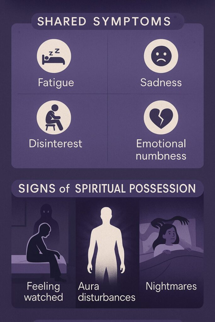 An infographic titled “Shared Symptoms” and “Signs of Spiritual Possession.” The top section shows icons for fatigue, sadness, disinterest, and emotional numbness. The lower section includes visuals of a shadowy figure watching a person, a glowing human figure representing aura disturbances, and a woman in bed experiencing nightmares with ghostly hands above her. The design uses shades of purple and soft white to convey a spiritual and psychological theme.