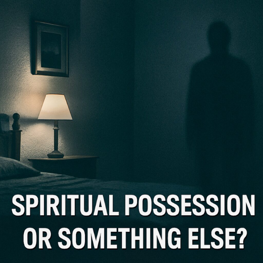 A dimly lit bedroom with a glowing bedside lamp and an empty bed in the foreground. In the dark corner of the room stands a tall, shadowy figure with no visible features. The eerie scene suggests a paranormal presence. Bold white text at the bottom reads: “Spiritual Possession or Something Else?”