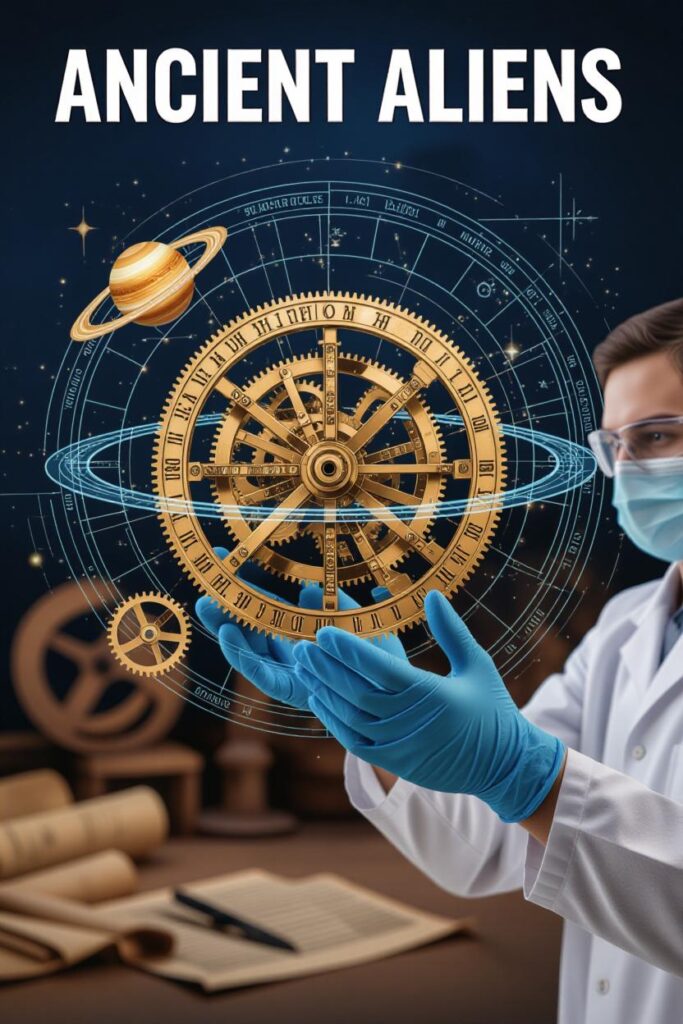 A scientist wearing a white lab coat, safety glasses, and blue gloves holds a glowing golden gear-like astronomical device, resembling the Antikythera Mechanism. Behind the device is a detailed cosmic background featuring planetary orbits, star charts, and the planet Saturn. The bold text at the top reads “Ancient Aliens.”