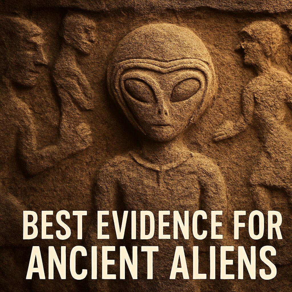 A detailed stone carving depicts an alien-like humanoid figure with large almond-shaped eyes and a helmet-like head, surrounded by primitive human figures. Soft lighting highlights the ancient texture and intricate design, with the text "Best Evidence for Ancient Aliens" in bold white Arial font at the bottom.