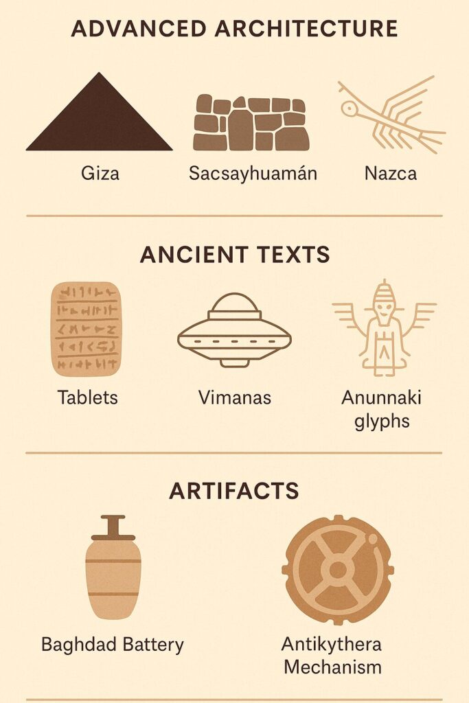 A minimalist vertical infographic titled "Best Evidence for the Ancient Aliens Hypothesis Today" featuring three illustrated sections: Advanced Architecture (Giza Pyramid, Sacsayhuamán stones, Nazca Lines), Ancient Texts (Sumerian tablets, flying Vimanas, Anunnaki glyphs), and Artifacts (Baghdad Battery and Antikythera Mechanism). Icons are designed in earthy tones on a light beige background with labeled headings.