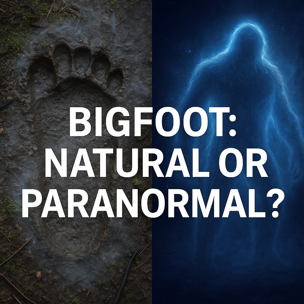 Split image showing a realistic muddy Bigfoot footprint on the left and a glowing, ghostly Bigfoot figure outlined in blue energy on the right, with the text “Bigfoot: Natural or Paranormal?” centered in bold white font.