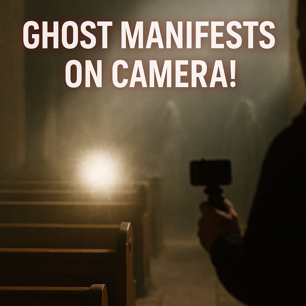 A square image showing a dimly lit church interior with wooden pews and foggy golden light. A bright orb of light hovers above one of the pews, forming a ghostly shape. In the background, faint silhouettes of spirits are visible through the mist. On the right, an investigator holds a camera or voice recorder. The top of the image features bold white text that reads “GHOST MANIFESTS ON CAMERA!” with a soft red glow.