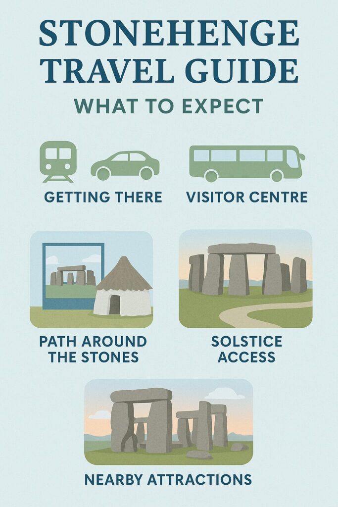 Vertical infographic titled “Stonehenge Travel Guide: What to Expect” showing illustrated sections for Getting There, Visitor Centre, Path Around the Stones, Solstice Access, and Nearby Attractions, with icons of a train, car, bus, Neolithic hut, and the Stonehenge monument.