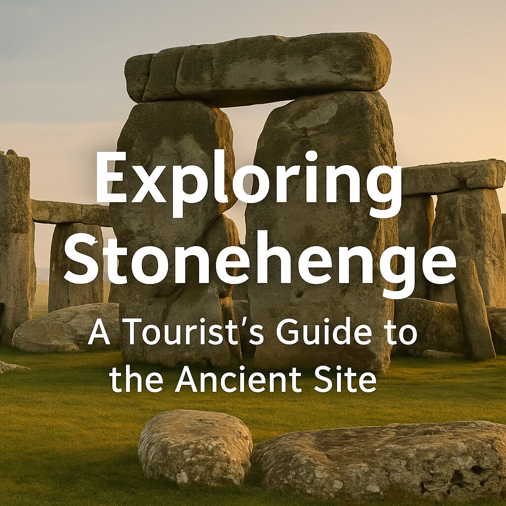 Stonehenge monument during golden hour with bold white text overlay that reads “Exploring Stonehenge: A Tourist’s Guide to the Ancient Site,” centered over ancient standing stones and green grass under a soft sky.