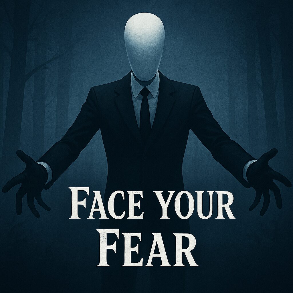Slender Man with outstretched arms reaching toward the viewer, standing in a shadowy, fog-filled forest. The faceless figure wears a black suit and tie. Gothic white text at the bottom reads “Face Your Fear.” The image evokes a confrontational and eerie horror atmosphere.