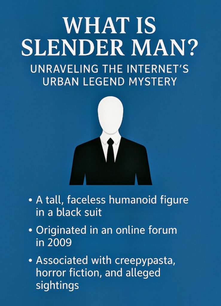 Infographic titled “What Is Slender Man? Unraveling the Internet’s Urban Legend Mystery” featuring a minimalist illustration of Slender Man with a faceless head and black suit, set against a dark blue background. Bullet points highlight key facts including his tall, faceless appearance, online origin in 2009, and connection to creepypasta and horror fiction.