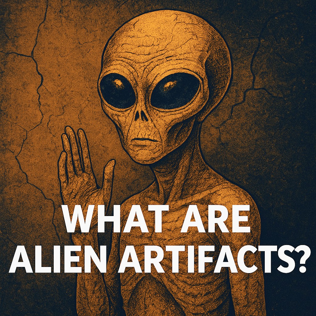 Illustration of an ancient-looking alien with large black eyes and textured skin raising one hand in a gesture of greeting. Background features cracked, earthy textures in dark orange and brown tones. Bold white text across the bottom reads, “What Are Alien Artifacts?” conveying a mysterious and speculative theme.