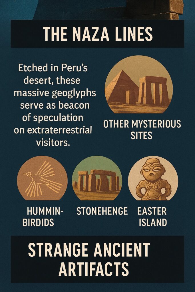 Infographic titled “The Nazca Lines” featuring a brief explanation of Peru’s desert geoglyphs and their possible extraterrestrial connections. Includes circular illustrations of the Nazca hummingbird, Stonehenge, Easter Island statue, and other mysterious ancient sites. Text highlights “Strange Ancient Artifacts” and contains minor spelling errors like “Hummin-Birdids.”
