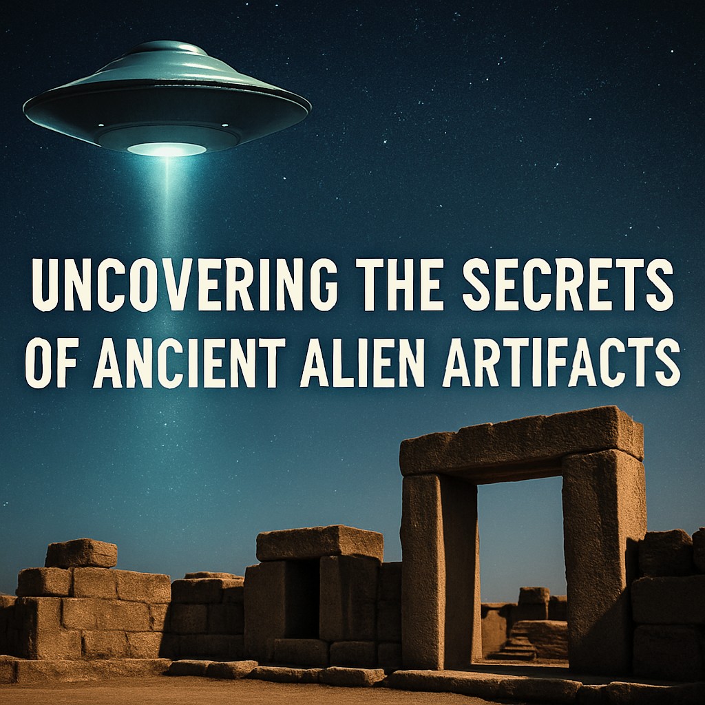 Illustration of a UFO beaming light onto ancient stone ruins under a starry night sky, with bold white text that reads “Uncovering the Secrets of Ancient Alien Artifacts.” The image blends extraterrestrial themes with archaeological mystery.