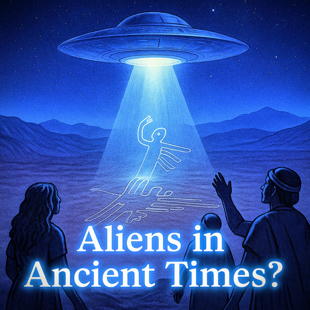 Digital illustration of a UFO hovering over the Nazca desert at night, casting a bright beam of light onto a glowing geoglyph figure. Three ancient humans stand in the foreground, gazing upward in awe. Mountain silhouettes and starry sky create a mysterious atmosphere. Text reads “Aliens in Ancient Times?” in glowing blue font.