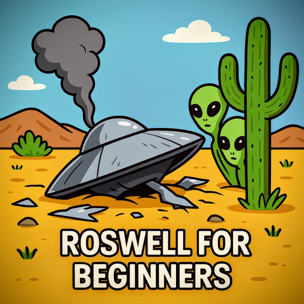 Cartoon-style illustration of a crashed flying saucer in a desert with smoke rising, as two green aliens peek out from behind a cactus. Text at the bottom reads “Roswell for Beginners” in bold white letters.