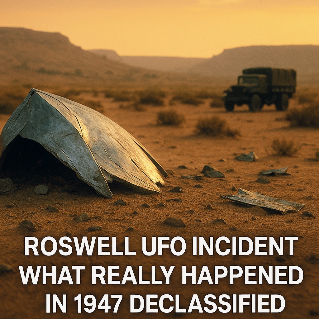 Crashed metallic UFO debris scattered across a New Mexico desert at sunset with a military truck in the background. Bold white text at the bottom reads “Roswell UFO Incident: What Really Happened in 1947 Declassified.”