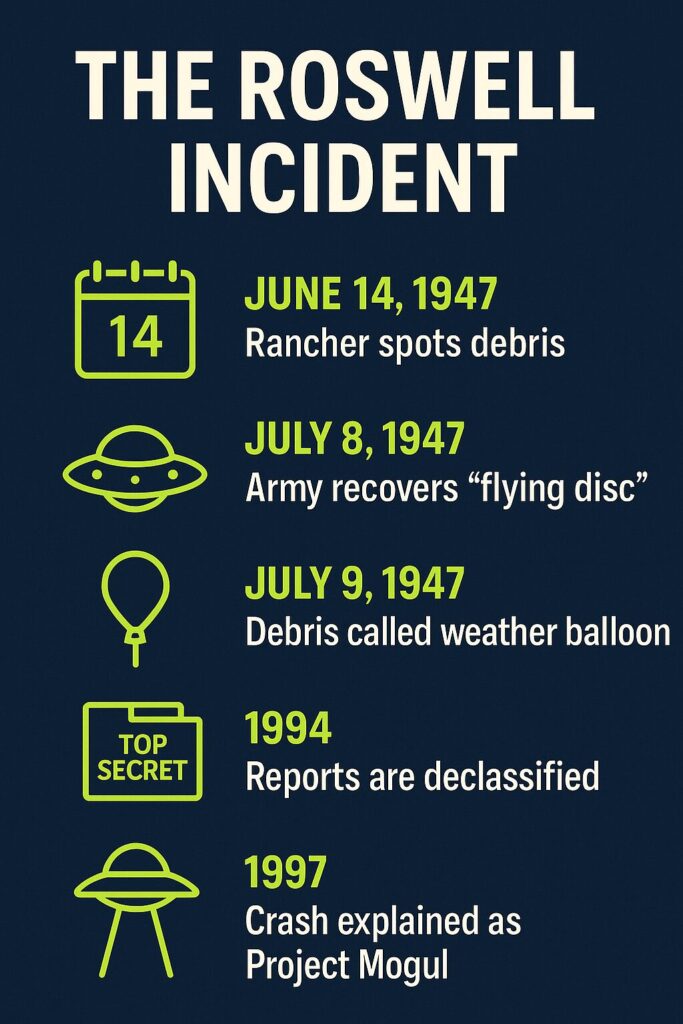 Vertical infographic titled "The Roswell Incident" showing a five-step timeline with neon green icons and text on a navy blue background. Key dates include June 14, July 8, and July 9, 1947, followed by 1994 and 1997, highlighting major events such as debris discovery, flying disc recovery, weather balloon explanation, declassified reports, and Project Mogul.