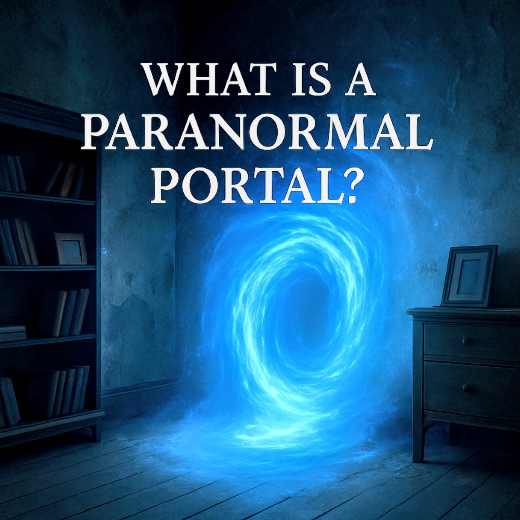 A dark bedroom scene with a glowing, swirling paranormal energy vortex above the bed. A shocked person stares at the vortex as small objects float in the air. Text overlay reads “Is There a Portal in Your Room?” in bold white font. Mood is eerie and supernatural.
