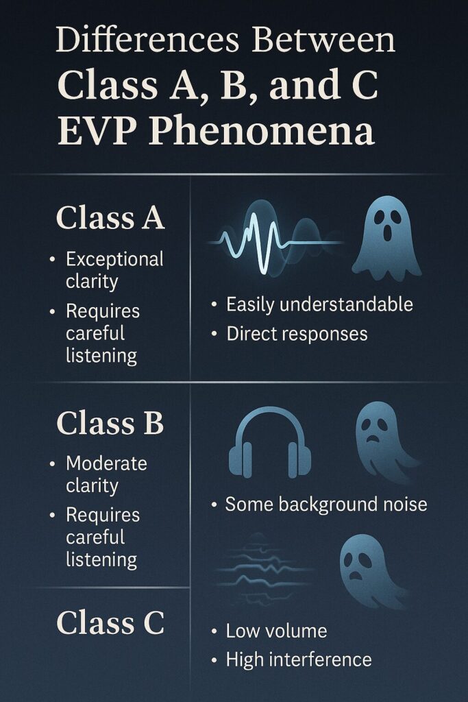 Vertical infographic illustrating the differences between Class A, B, and C EVP phenomena. The top section shows a bright, clear soundwave and ghost icon for Class A with notes on exceptional clarity and direct responses. The middle section shows a moderate soundwave and headphone icon for Class B with details on moderate clarity and some background noise. The bottom section displays a faint, broken soundwave and ghost icon for Class C with notes on low volume and high interference, all set against a dark blue gradient background.