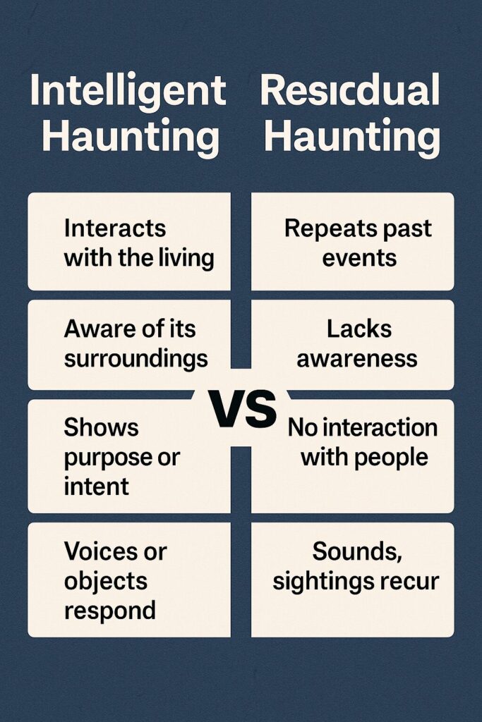 Vertical infographic comparing intelligent and residual hauntings in two columns. Left column lists traits of intelligent hauntings such as interacting with the living, awareness, purpose, and responsive voices or objects. Right column lists traits of residual hauntings such as repeating past events, lacking awareness, no interaction, and recurring sounds or sightings. A large ‘VS’ separates the two columns on a dark blue background.