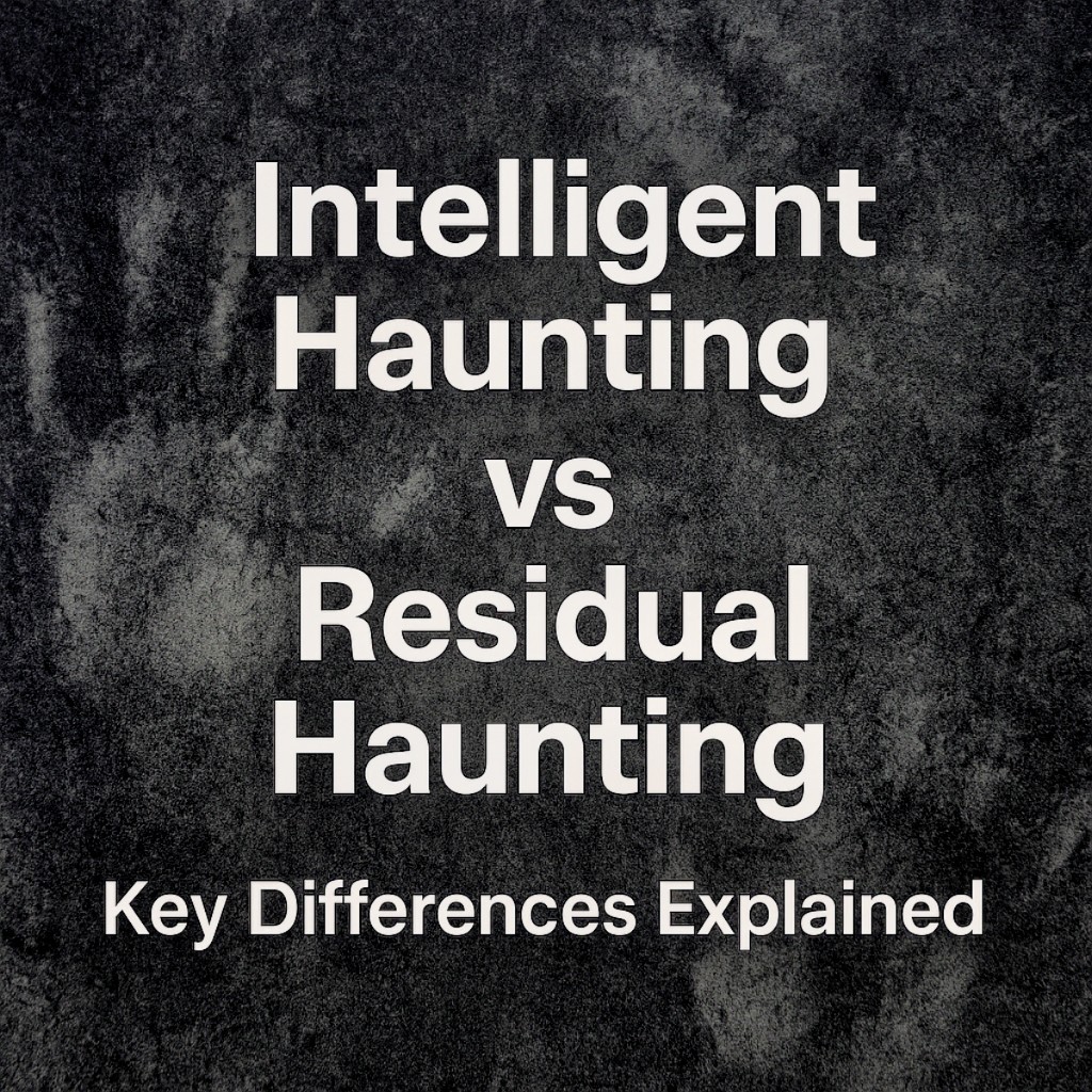 Dark textured background with bold white Arial text in the center reading ‘Intelligent Haunting vs Residual Haunting’ and a subtitle ‘Key Differences Explained,’ representing a high-contrast design for a paranormal article banner.