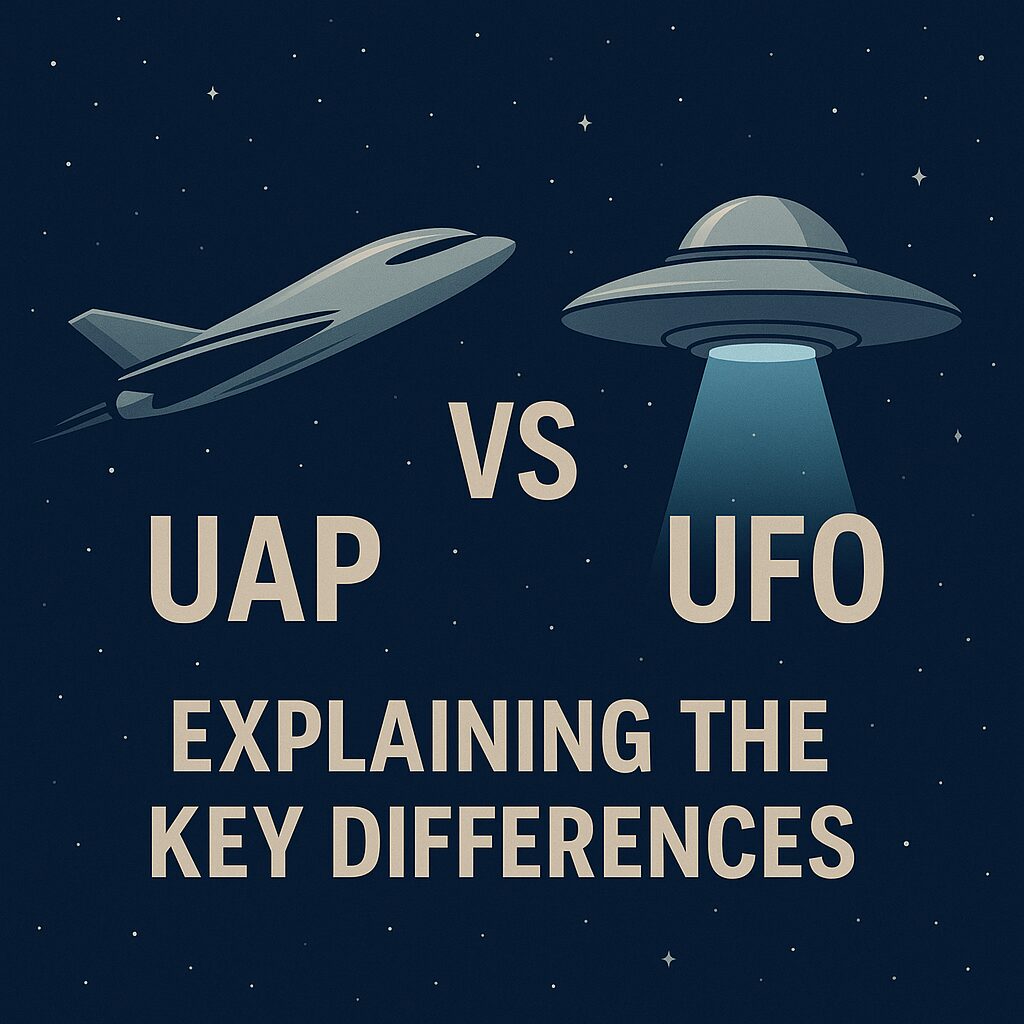 Illustrated graphic showing a UAP aircraft on the left and a classic UFO saucer on the right against a starry night sky, with bold beige text reading 'UAP vs UFO Explaining the Key Differences' in the center.