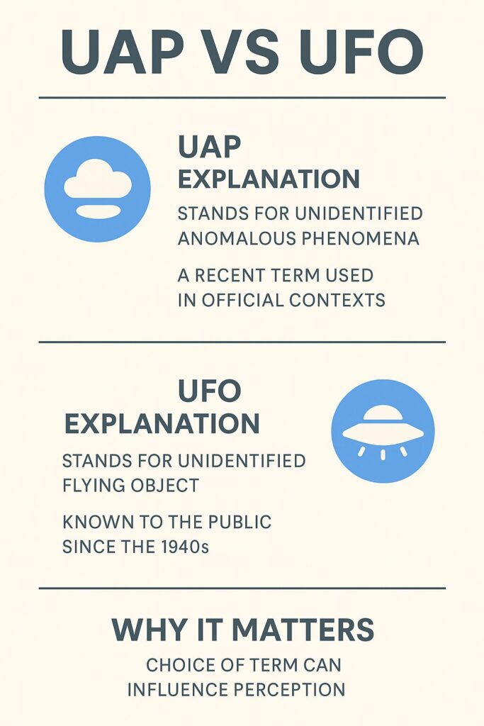 Vertical infographic comparing UAP and UFO key differences with blue icons and beige background, featuring definitions of Unidentified Aerial Phenomena and Unidentified Flying Object, and a section explaining why the terminology matters for science and public perception.