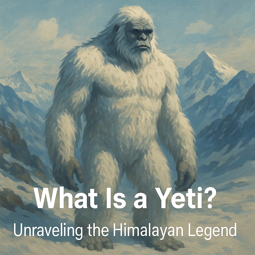 Illustration of a towering white-furred Yeti standing on a snowy Himalayan mountain ridge with blue sky and distant peaks, with the text ‘What Is a Yeti? Unraveling the Himalayan Legend’ in bold white letters at the bottom.