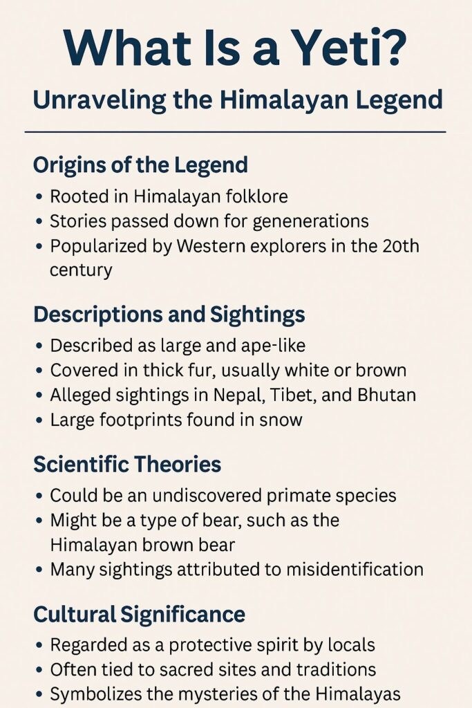 Basic infographic titled ‘What Is a Yeti? Unraveling the Himalayan Legend’ with four sections explaining origins of the legend, descriptions and sightings, scientific theories, and cultural significance, using simple dark blue text on a light beige background.