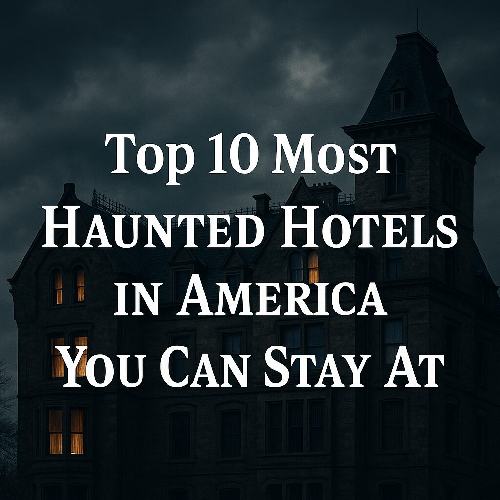 Dark gothic-style haunted hotel at night with glowing windows under a cloudy sky, featuring white bold text that reads Top 10 Most Haunted Hotels in America You Can Stay At, creating a spooky and mysterious atmosphere.